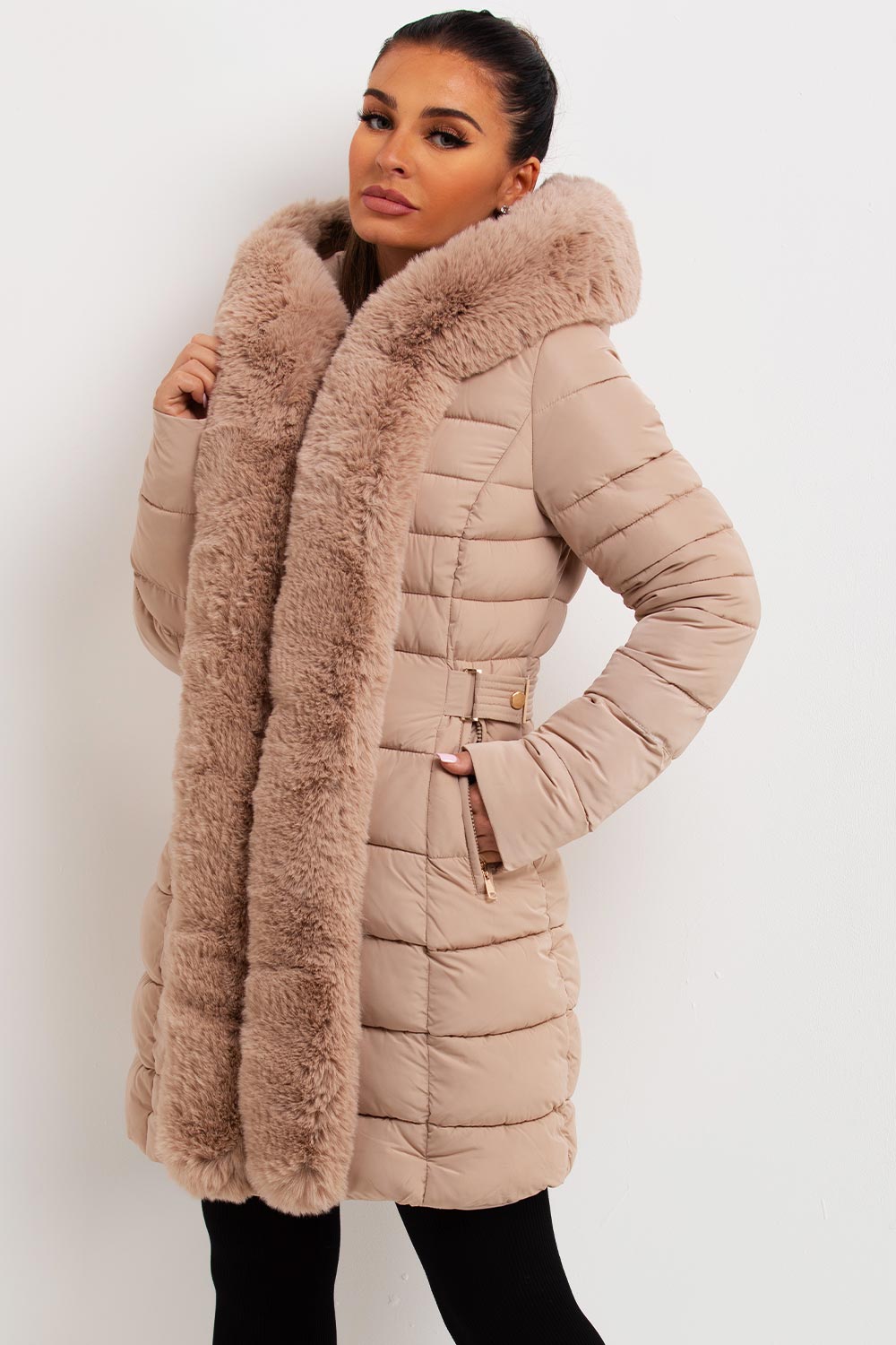 womens padded puffer coat with faux fur hood and trim