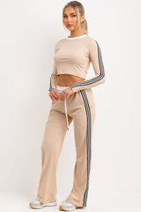 beige rib tracksuit with contrast side stripes womens loungewear co ord