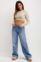 womens cable knit cropped jumper with long sleeves