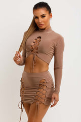 lace up mini skirt and long sleeve crop top co ord set festival rave going out outfit