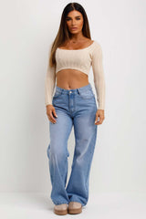 crop knitted jumper with square neck and long sleeves