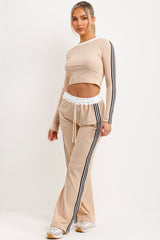 contrast side stripe wide leg trousers and long sleeve crop top two piece tracksuit set beige