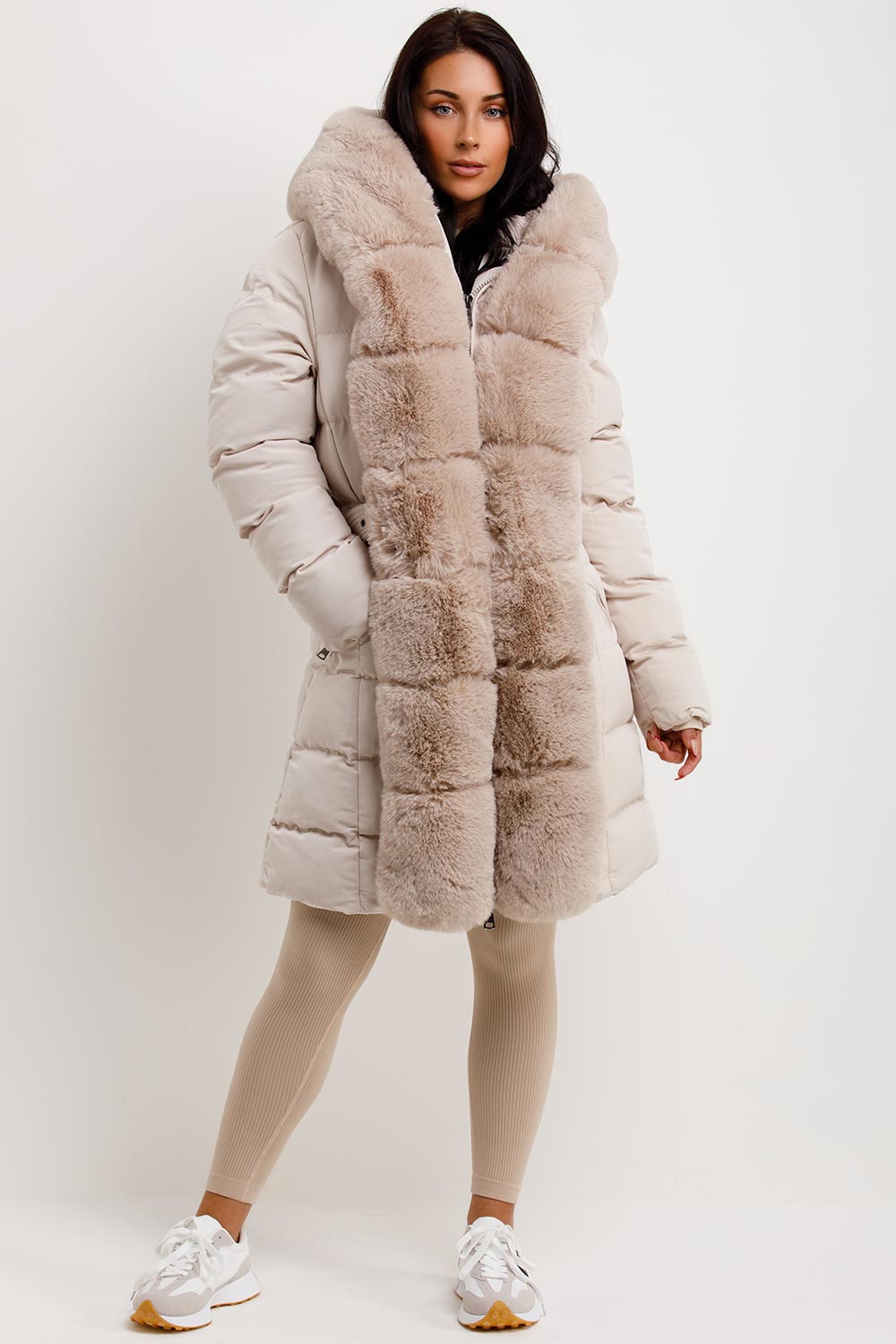 womens puffer padded long coat with faux fur hood and trim