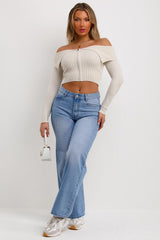 zip front long sleeve fold over off shoulder jumper
