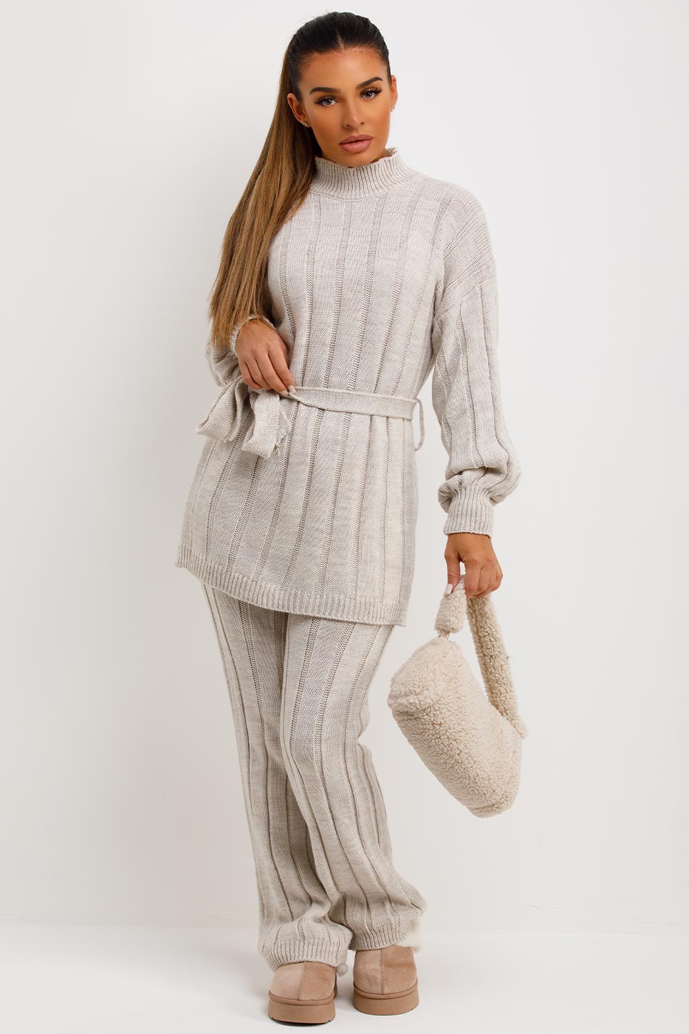 beige knitted roll neck loungewear set with belt