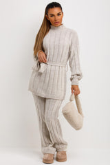 beige knitted roll neck loungewear set with belt
