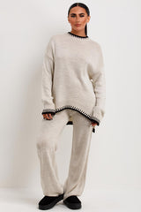 beige knitted loungewear co ord set