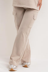 womens loungewear t shirt and wide leg trousers with cargo pockets beige