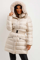 womens puffer coat with fur hood and belt