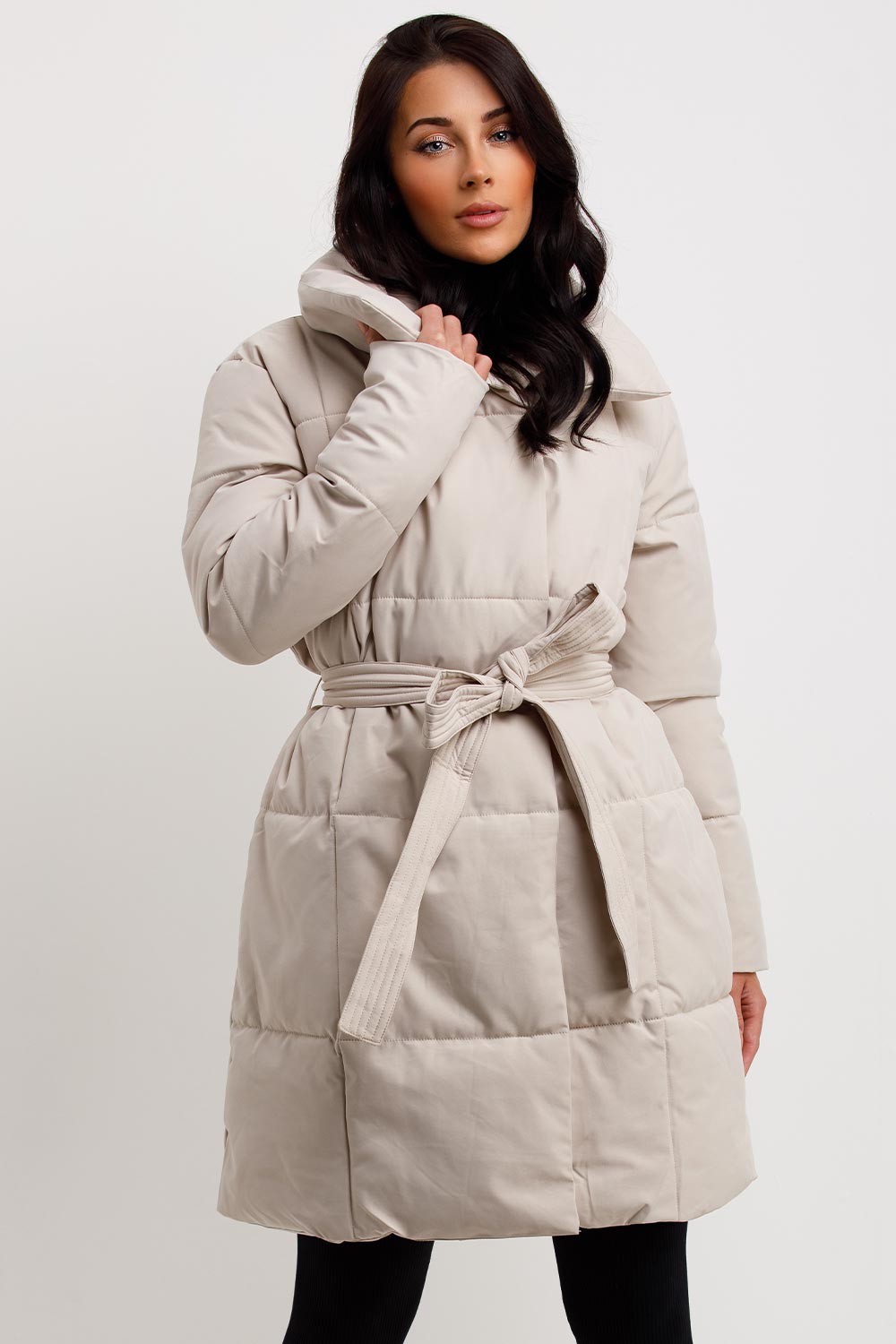 womens long padded puffer duvet coat with belt