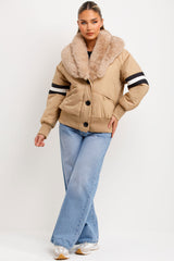 womens faux fur aviator jacket with stripes on sleeves styledup fashion