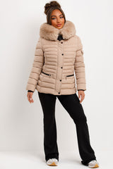padded puffer hooded jacket with faux fur hood styledup 