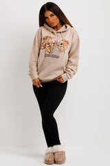 womens oversized hooded sweatshirt with teddy bear graphics and palm springs slogan