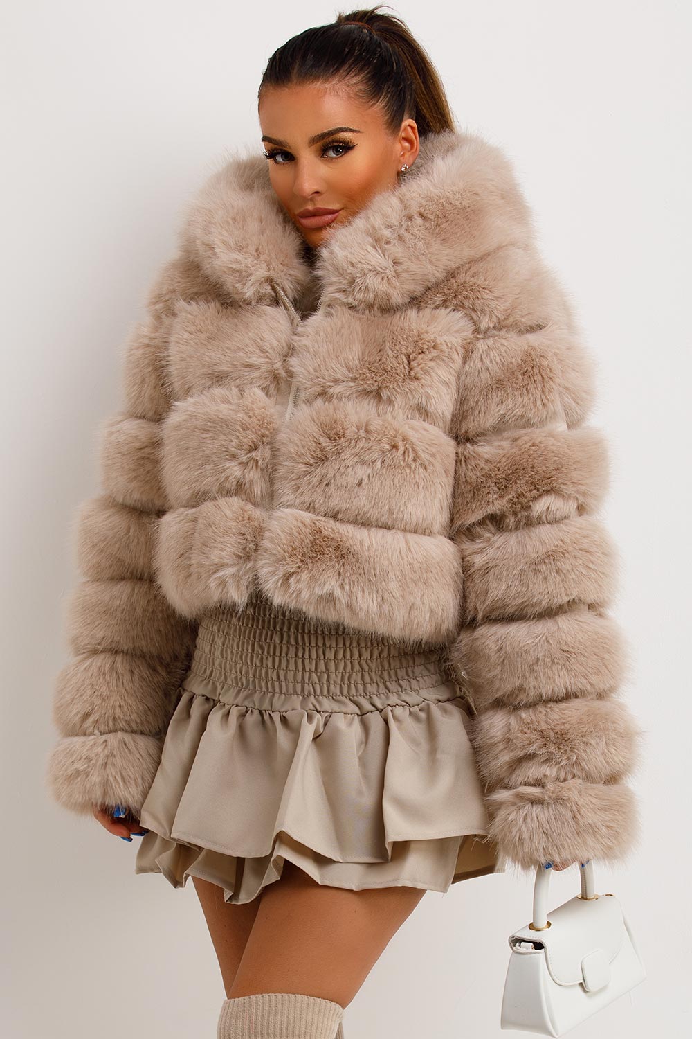 Women's Faux Fur Coat With Hood Beige Premium Outerwear –