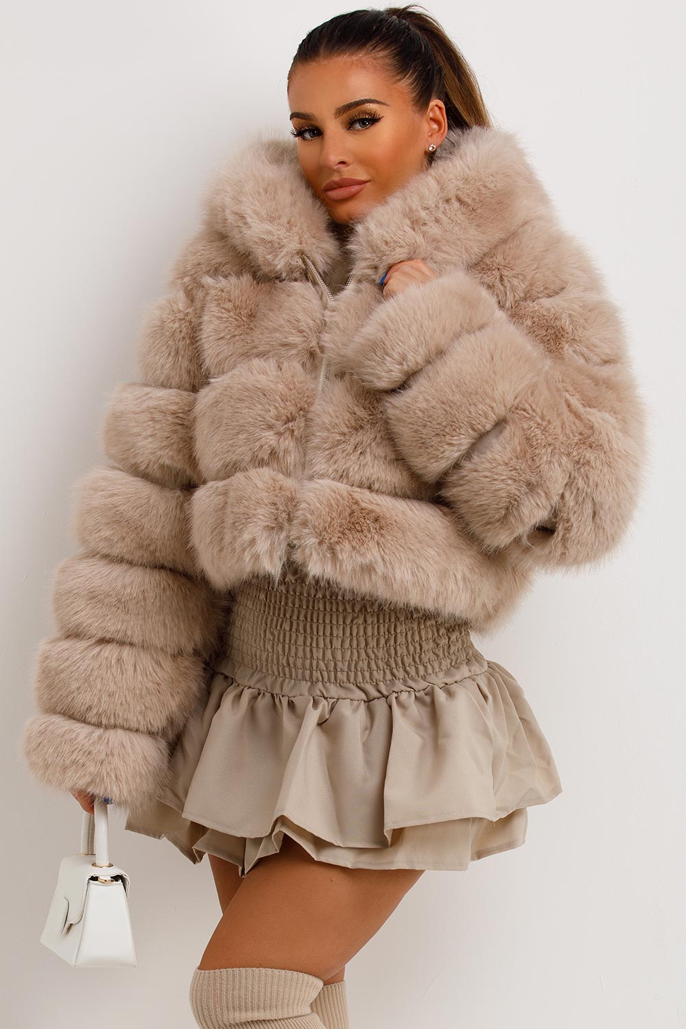 beige faux fur coat with hood