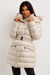 womens padded puffer coat fur hood and belt