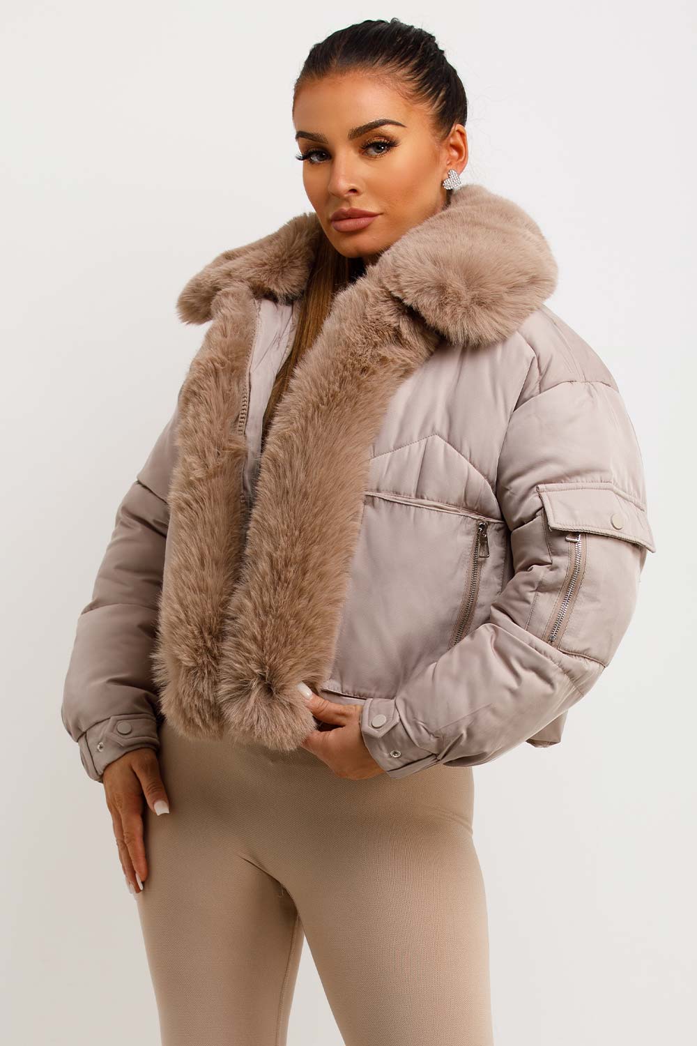 womens puffer padded jacket with fur hood and trim