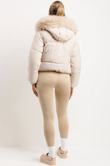 womens faux fur hood and trim padded bomber jacket beige