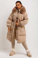 womens longline puffer coat with faux fur hood