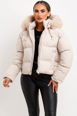 womens puffer padded jacket with fur hood Zara