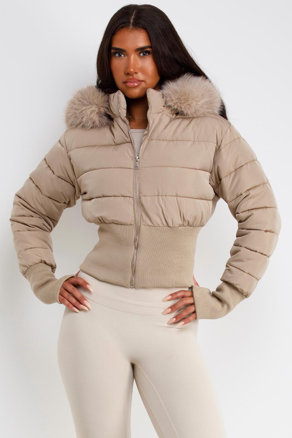 womens beige faux fur hood padded puffer winter jacket styledup uk