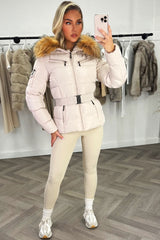 women’s belted puffer jacket fur hood
