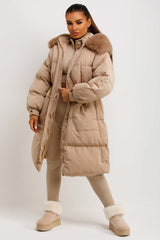 womens long padded coat with fur hood