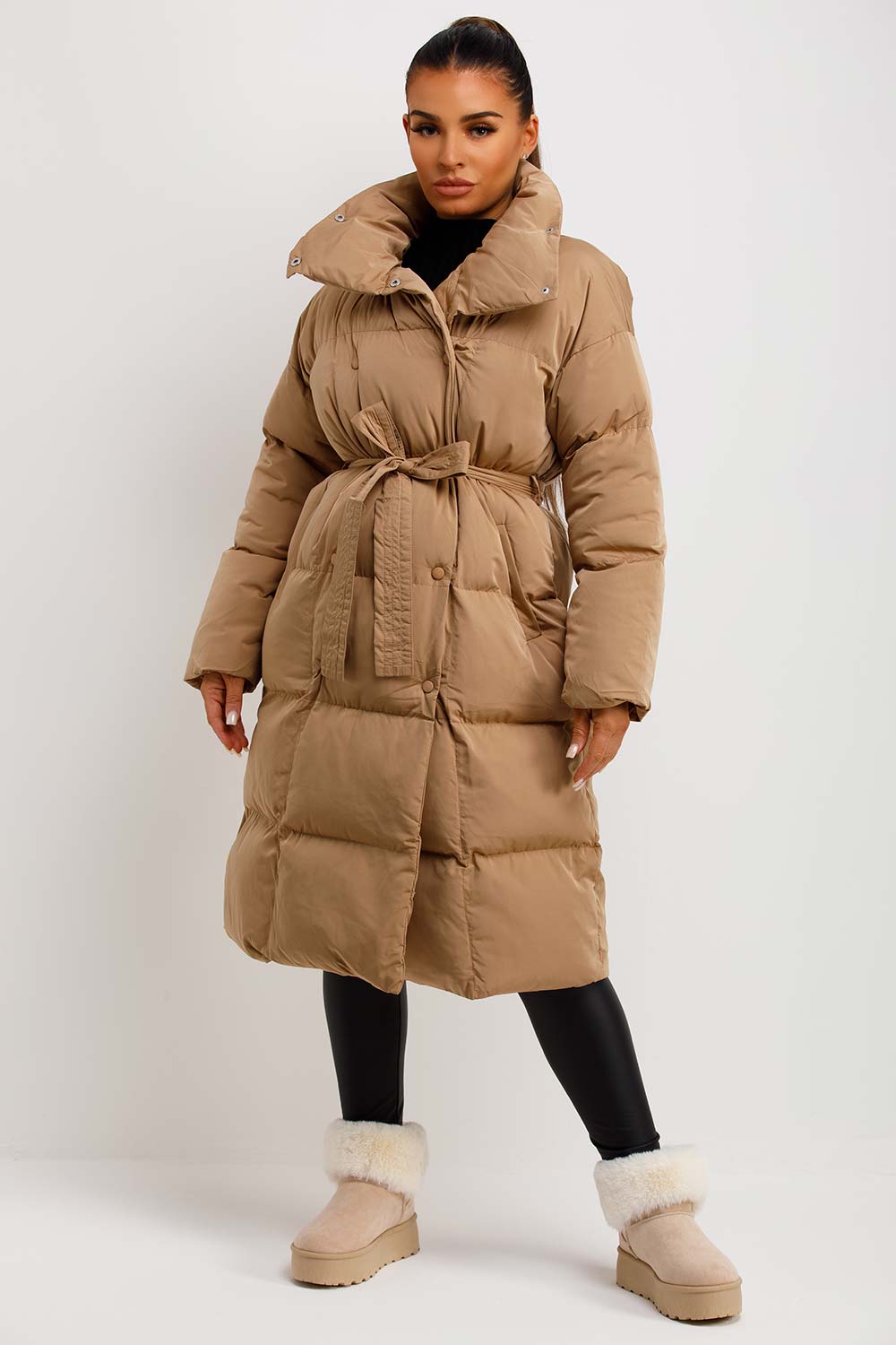 womens long puffer coat with belt sale