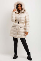 womens padded puffer coat with fur hood and belt
