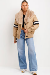 faux fur collar aviator jacket beige