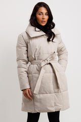 womens padded puffer coat with belt