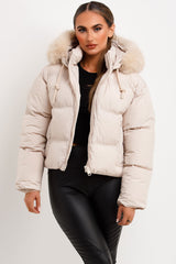 womens padded puffer jacket with big fur hood