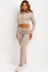 womens fold over waist buckle detail skinny flare trouser and crop zip up hoodie co ord set