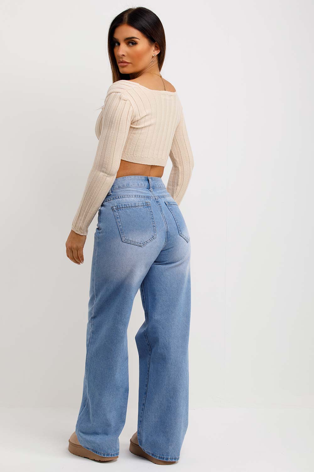 knitted crop jumper with square neck and long sleeves