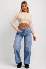 ribbed knitted crop jumper with long sleevs