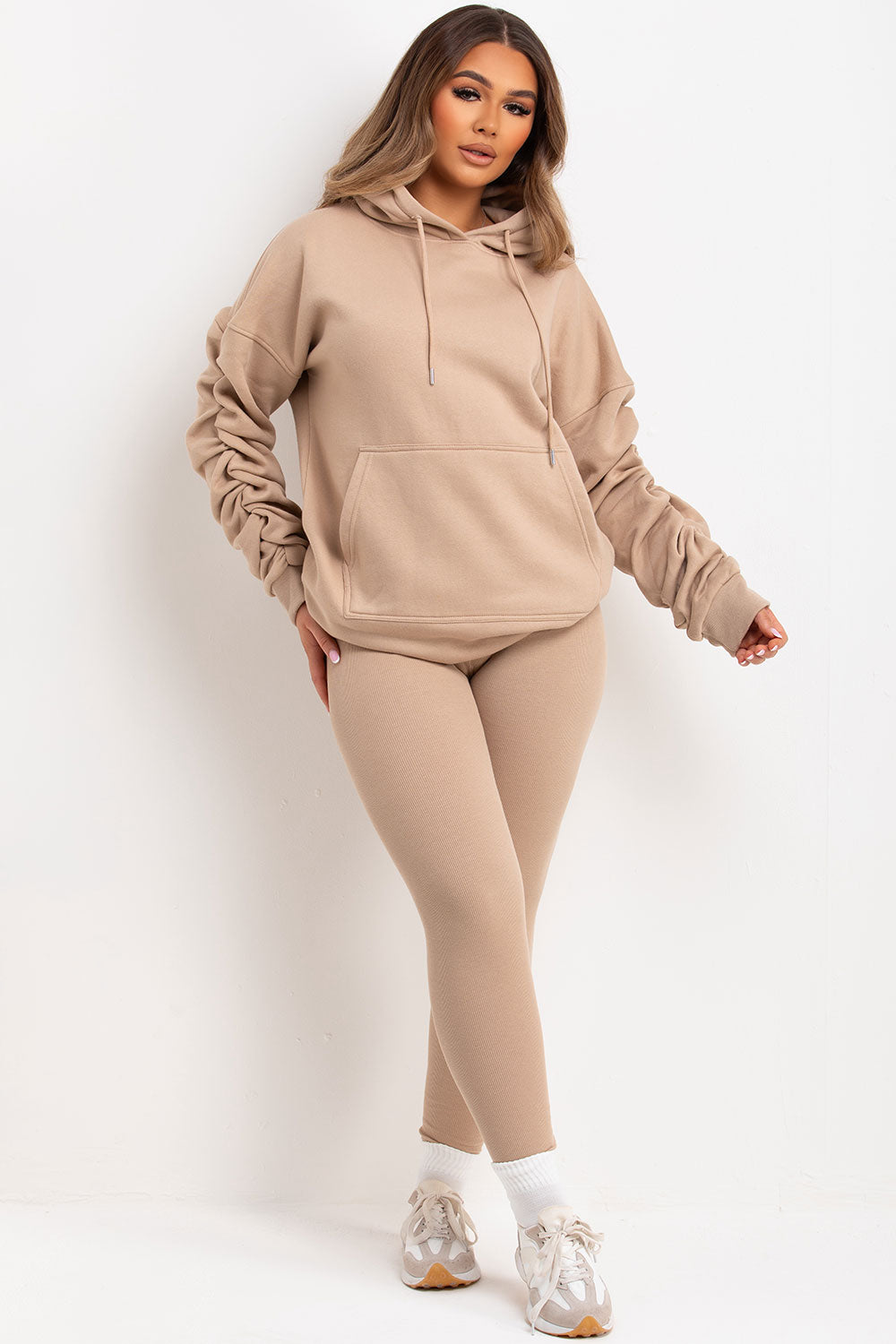 ruched sleeve hoodie and leggings two piece matching loungewear set casual outfit