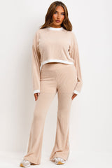 rib knit crop jumper and trousers loungewear set for womens