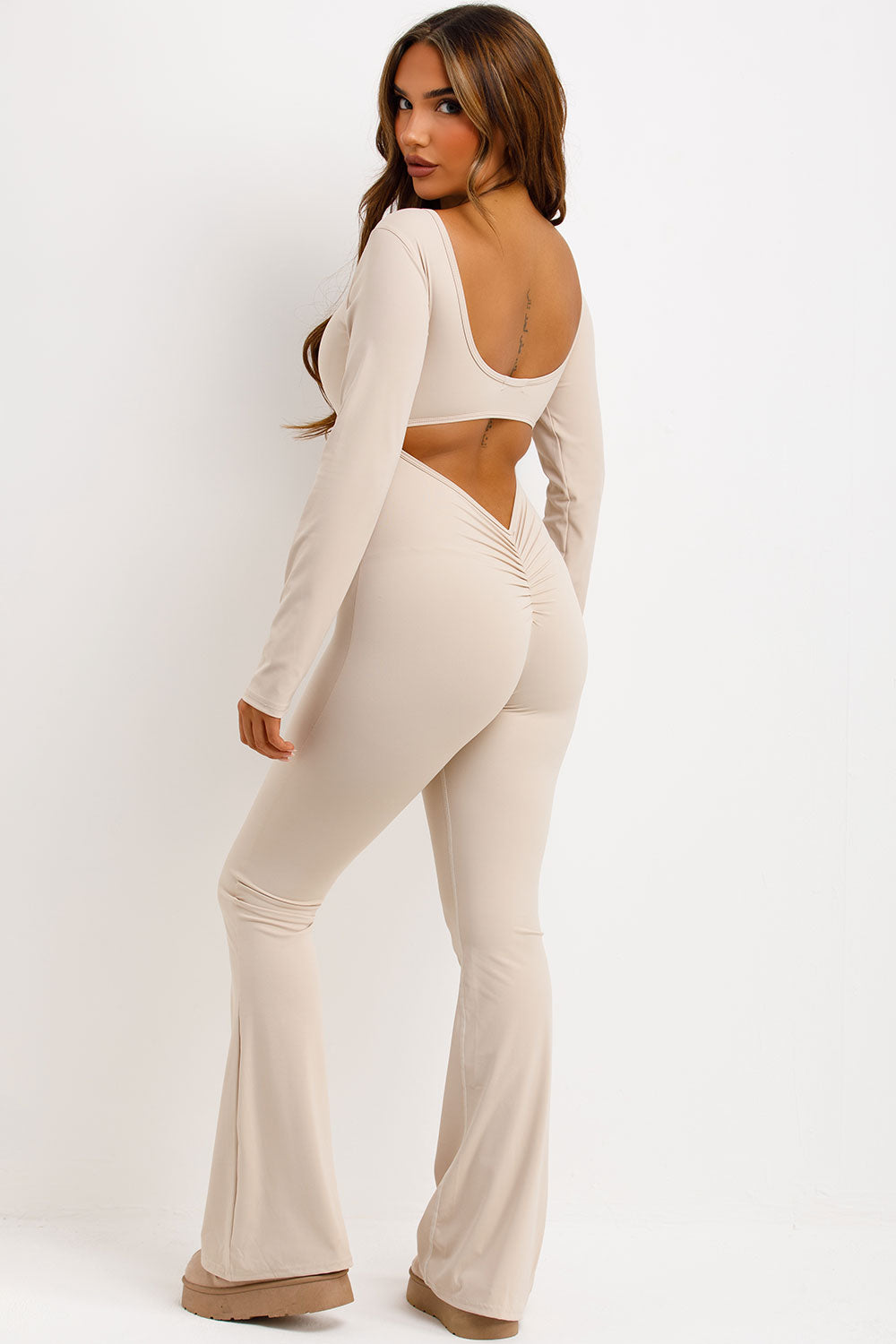 long sleeve jumpsuit with scrunch bum booty lifting detail