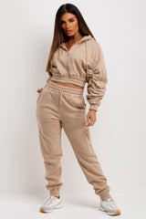 womens ruched sleeve crop hoodie and joggers tracksuit set