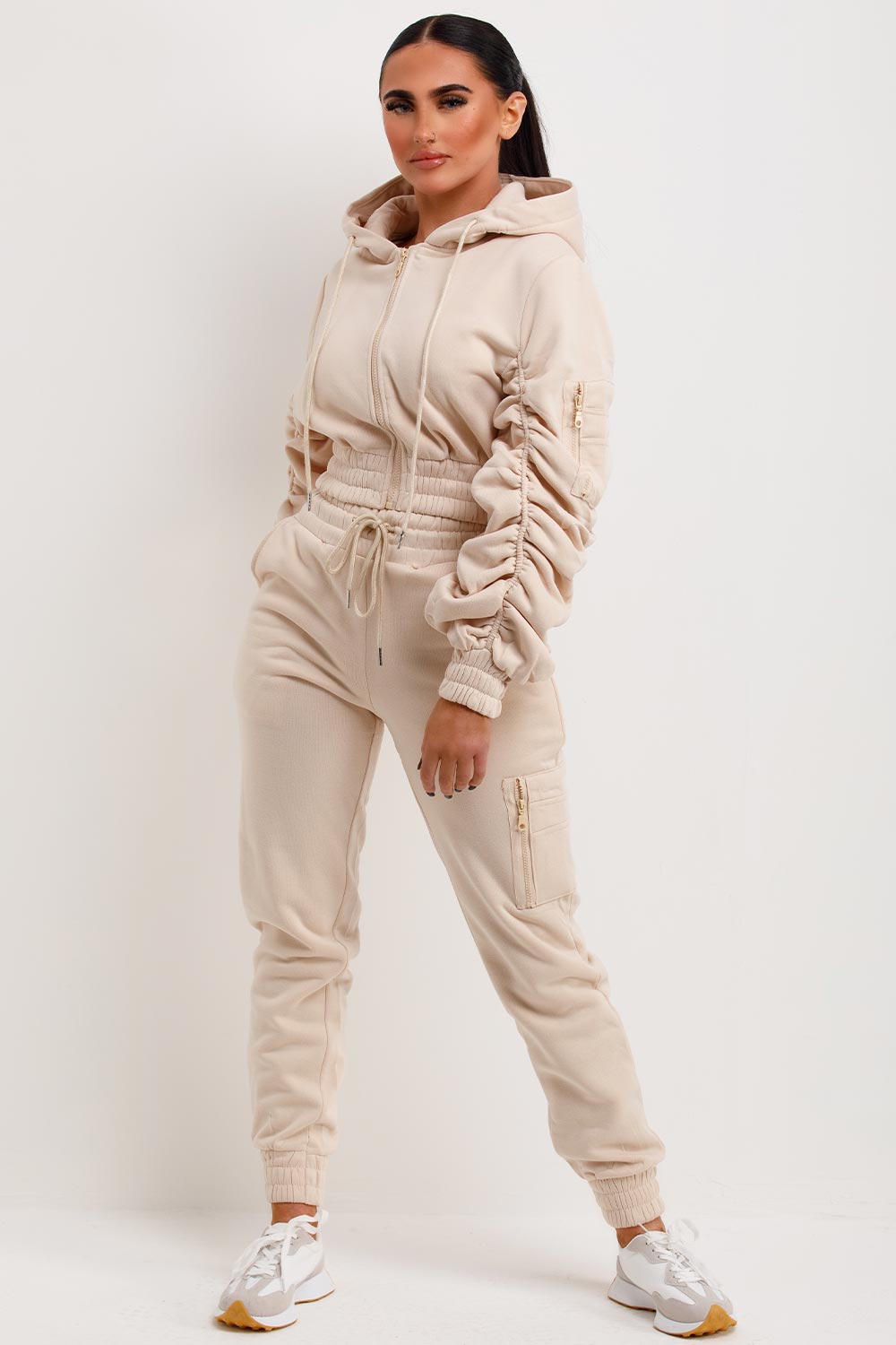 joggers and ruched sleeve hoodie co ord set womens loungewear set