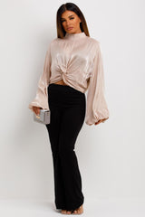 satin twist front long sleeve going out christmas party blouse top