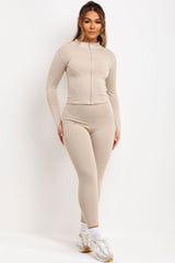 womens beige zip up sports jacket and seamless leggings two piece co ord set skims uk