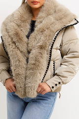 faux fur puffer coat with stitching embroidery detail