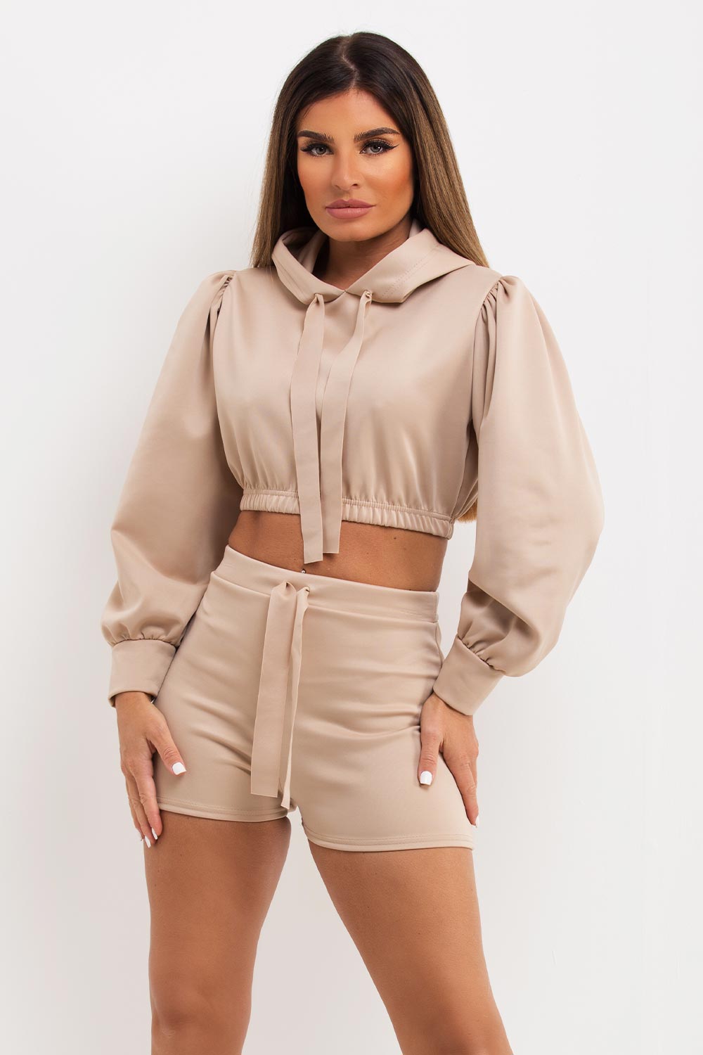 crop hoodie and shorts co ord set