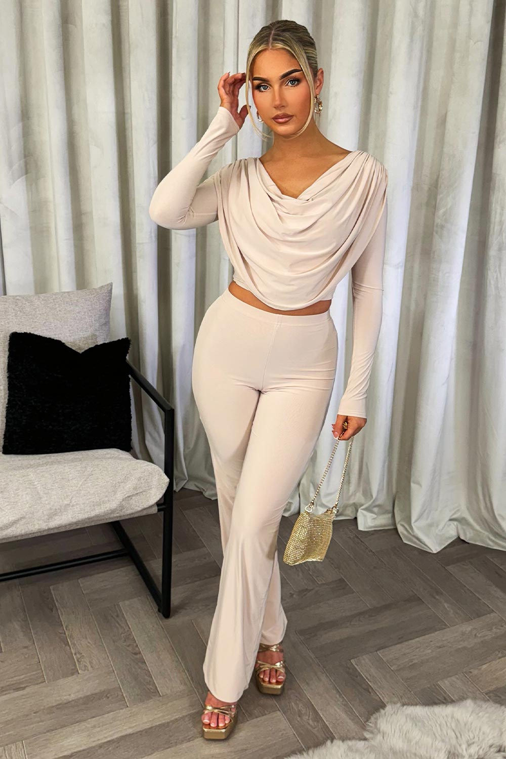 Drape Top And Trousers Two Piece Set Beige