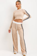 womens contrast side stripe joggers and top two piece loungewear set beige