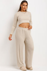 womens wide leg jogger trousers and long sleeve crop top co ord set zara uk