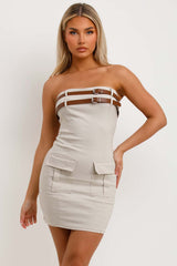 womens zara bandeau dress with cargo pockets double belt and bodycon fit