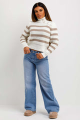 womens high neck striped jumper with button detail