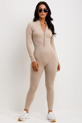 zip front long sleeve ribbed jumpsuit structured contour unitard
